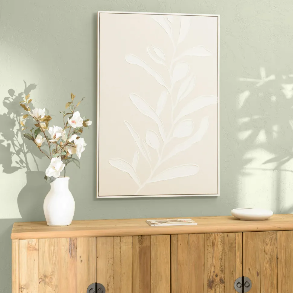 Tableau blanc lignes abstraites peinture au sable 83 x 123 cm