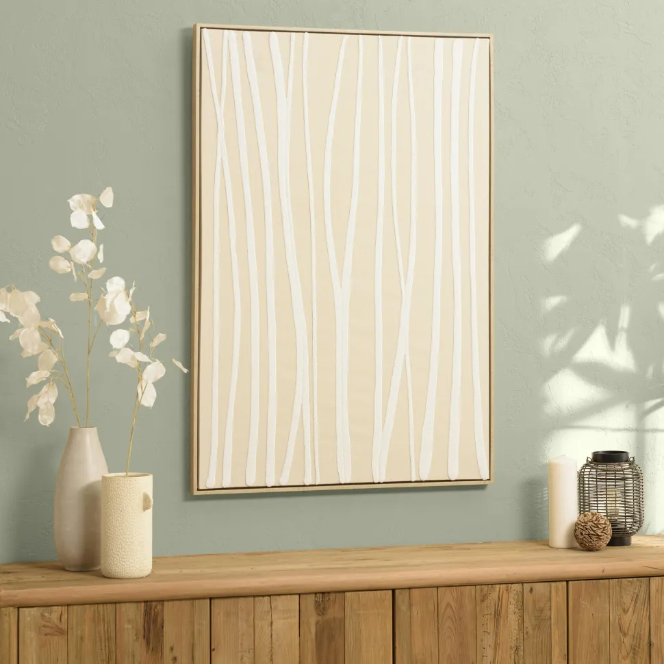 Tableau blanc lignes abstraites peinture au sable 83 x 123 cm