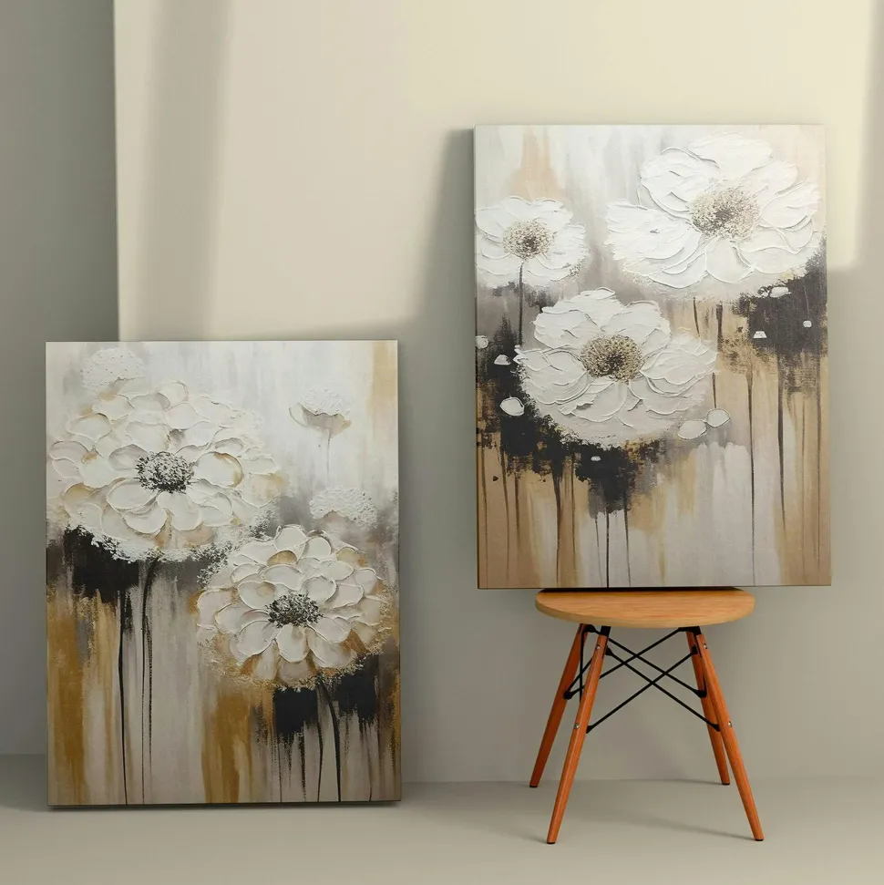 Tableau de fleurs blanches en relief – déco murale moderne (set de 2)