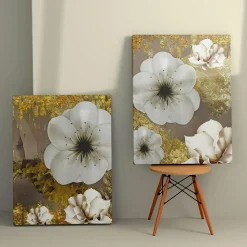 Tableau fleurs blanches – fond taupe et or (set de 2)