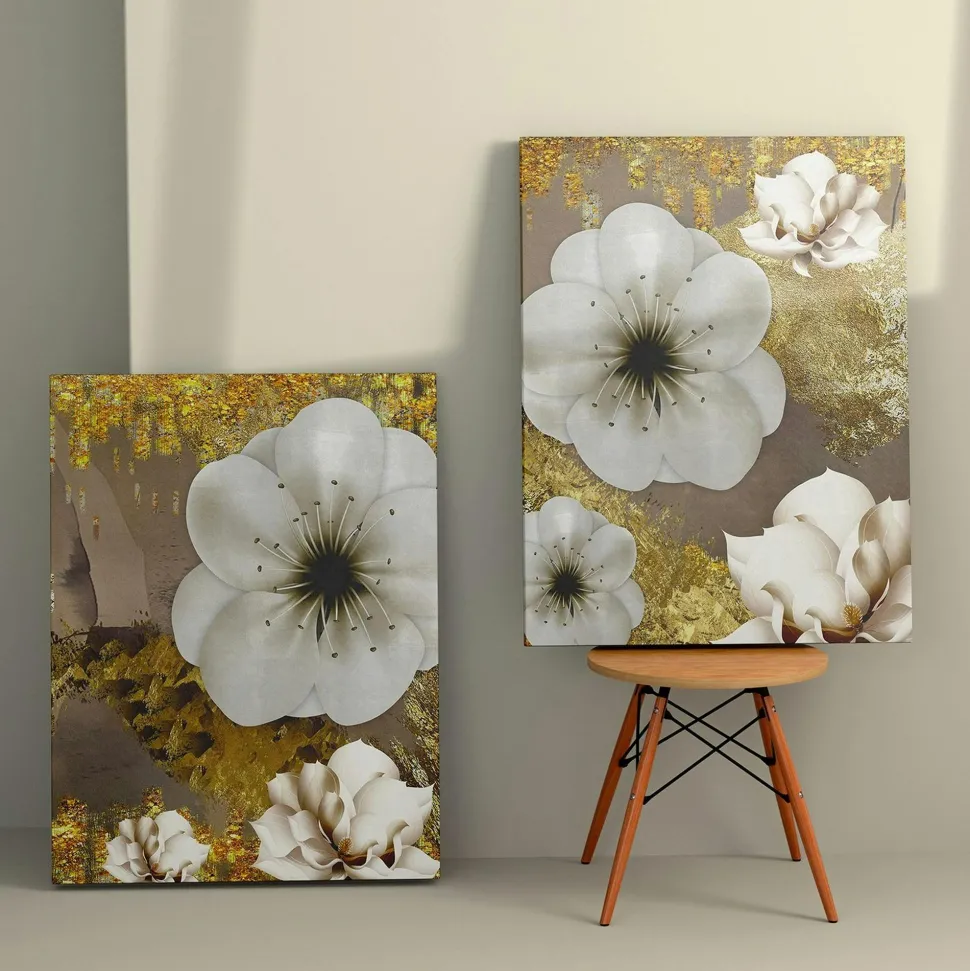 Tableau fleurs blanches – fond taupe et or (set de 2)