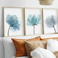 Tableau floral aquarelle bleu pastel – lot de 3