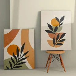 Tableau graphique bleus et orange – cadre bois (lot de 3)