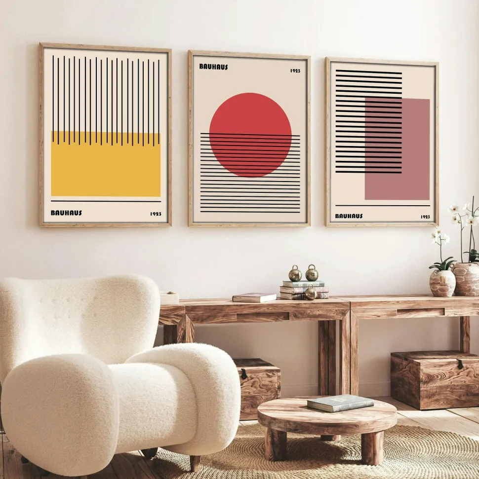 Tableau graphique bleus et orange – cadre bois (lot de 3)
