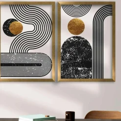 Tableau graphique design noir et or – cadre doré (set de 2)