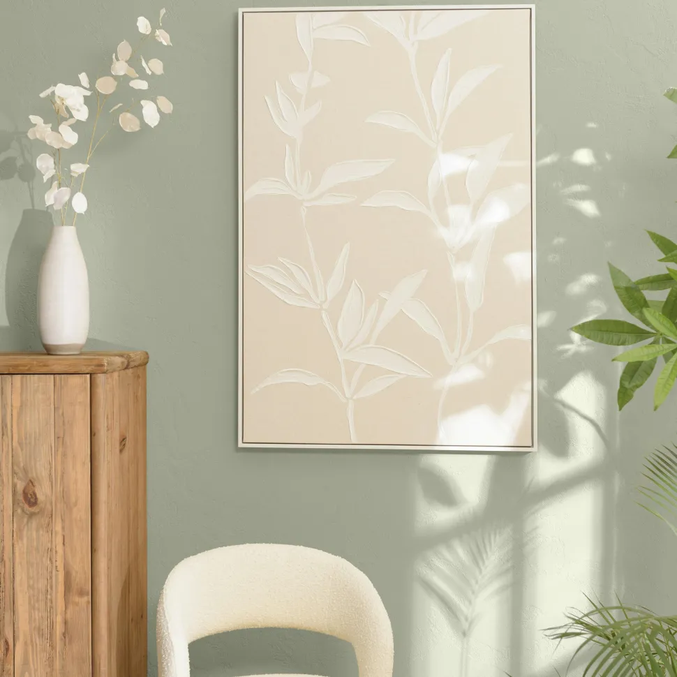Tableau lin beige fleurs de platre 83 x 123 cm