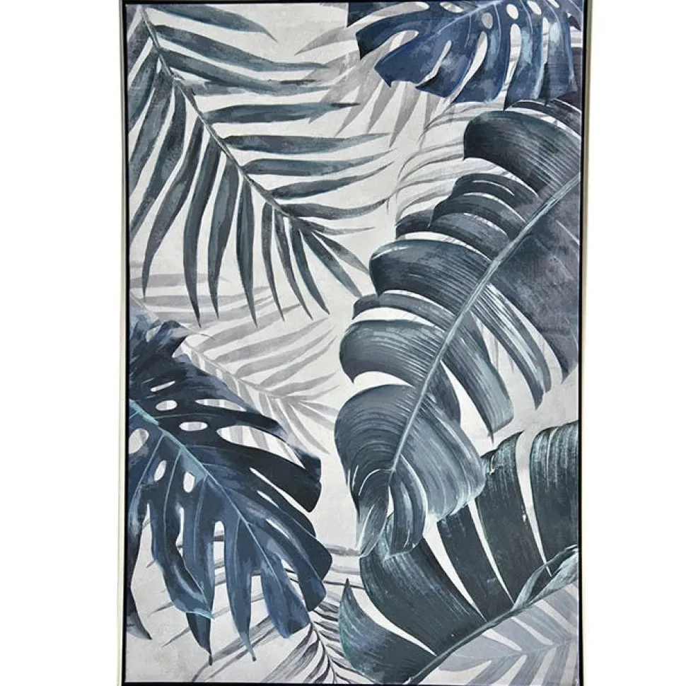 Tableau nature feuilles exotiques tons bleus cadre argent