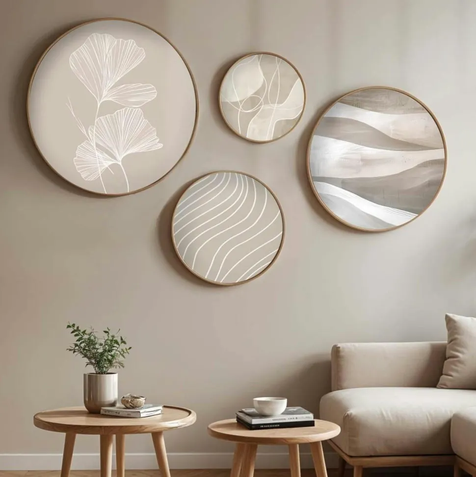 Tableau rond zen beige et bois – nature abstraite (set de 4)