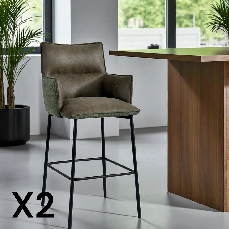Tabouret bar bi-matière marron avec dossier (lot de 2) KERALA