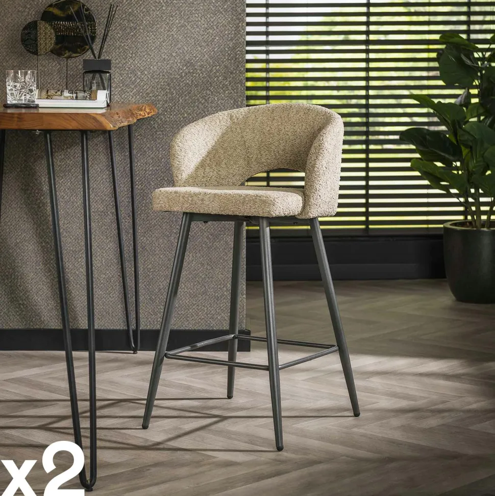 Tabouret de bar en tissu bouclette sable avec dossier ouvert (lot de 2) GALWAY