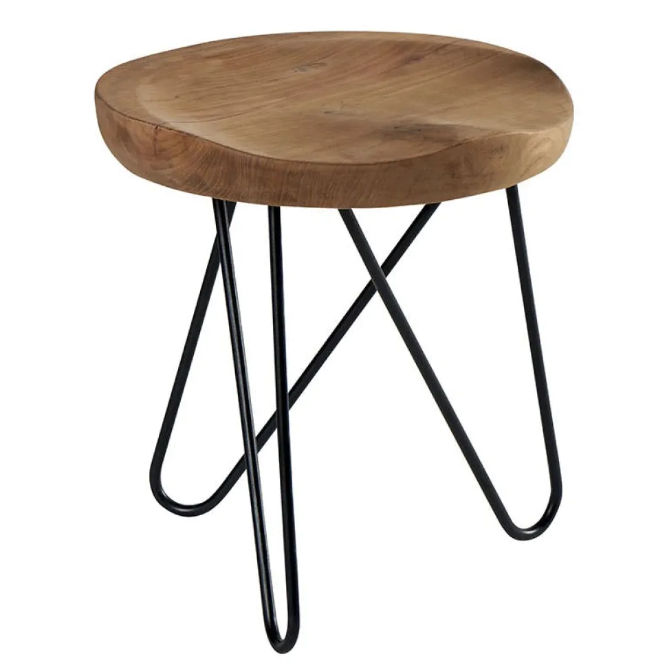 Tabouret en teck massif avec 3 pieds en épingle métal noir D40xH43cm TOWN