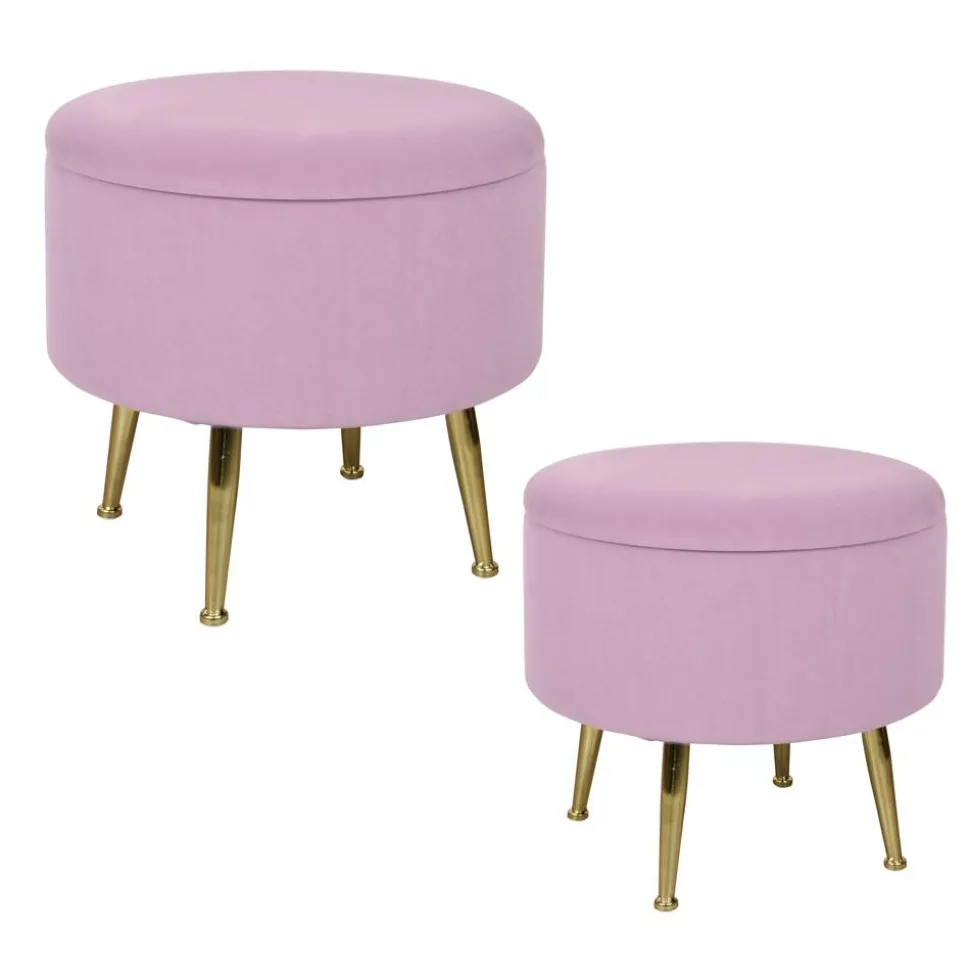 Tabouret pouf rond tissu rose pieds dorés TIM (lot de 2)