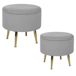 Tabouret pouf rond tissu rose pieds dorés TIM (lot de 2)