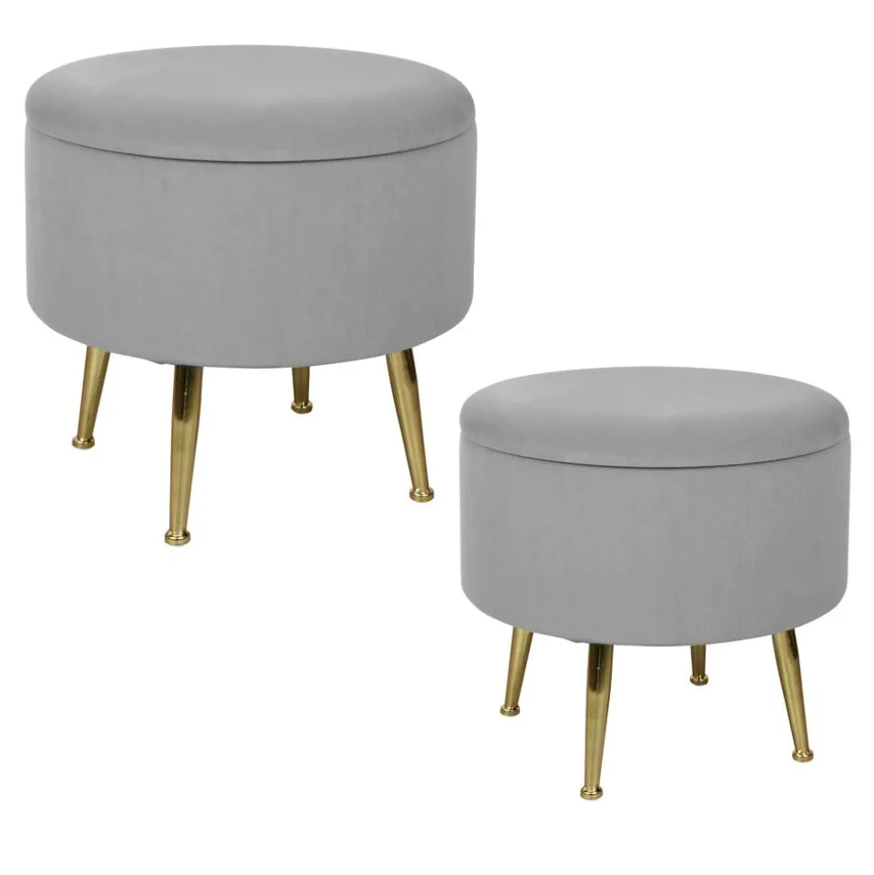 Tabouret pouf rond tissu rose pieds dorés TIM (lot de 2)