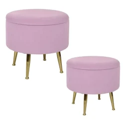 Tabouret pouf rond tissu gris pieds dorés TIM (lot de 2)
