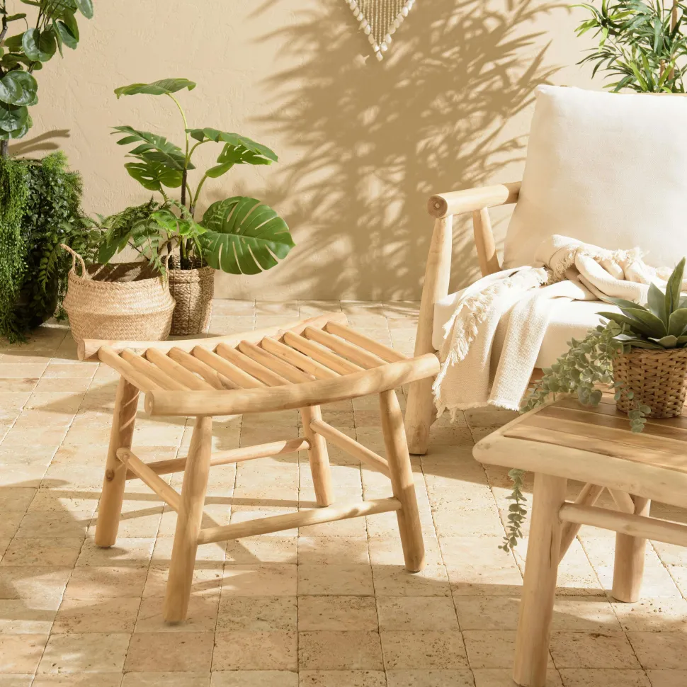 Tabouret rondins de teck naturel assise ajourée MANAK