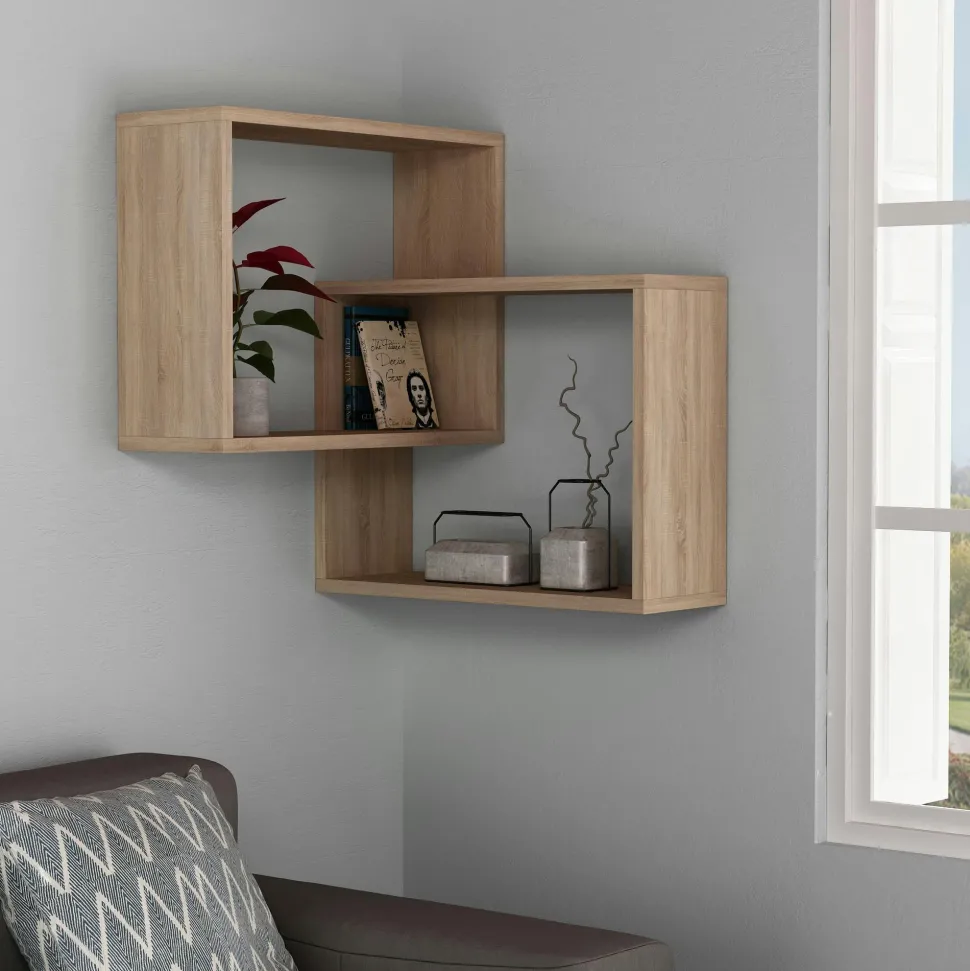 Étagère d'angle design effet bois - 2 cubes imbriqués MARFA