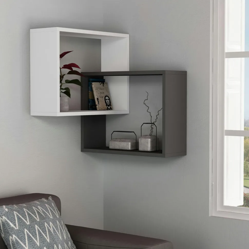 Étagère d'angle design moka & gris - 2 cubes imbriqués MARFA
