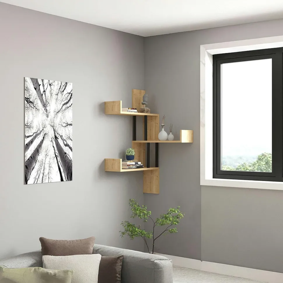 Étagère murale d’angle effet bois clair - 3 plateaux JENA