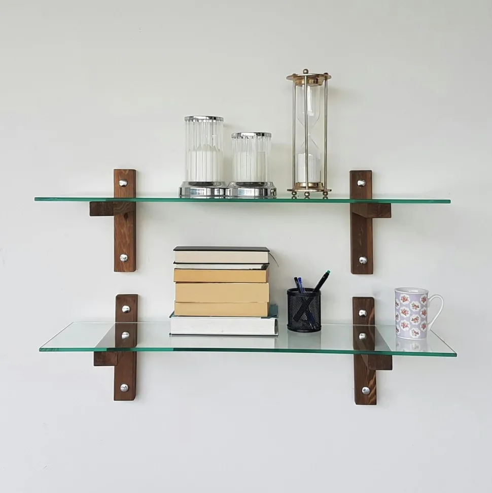 Étagère murale en verre - supports bois foncé (lot de 2) LHASA