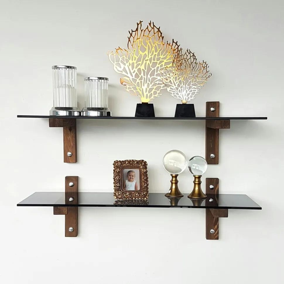 Étagère murale en verre - supports bois foncé (lot de 2) LHASA
