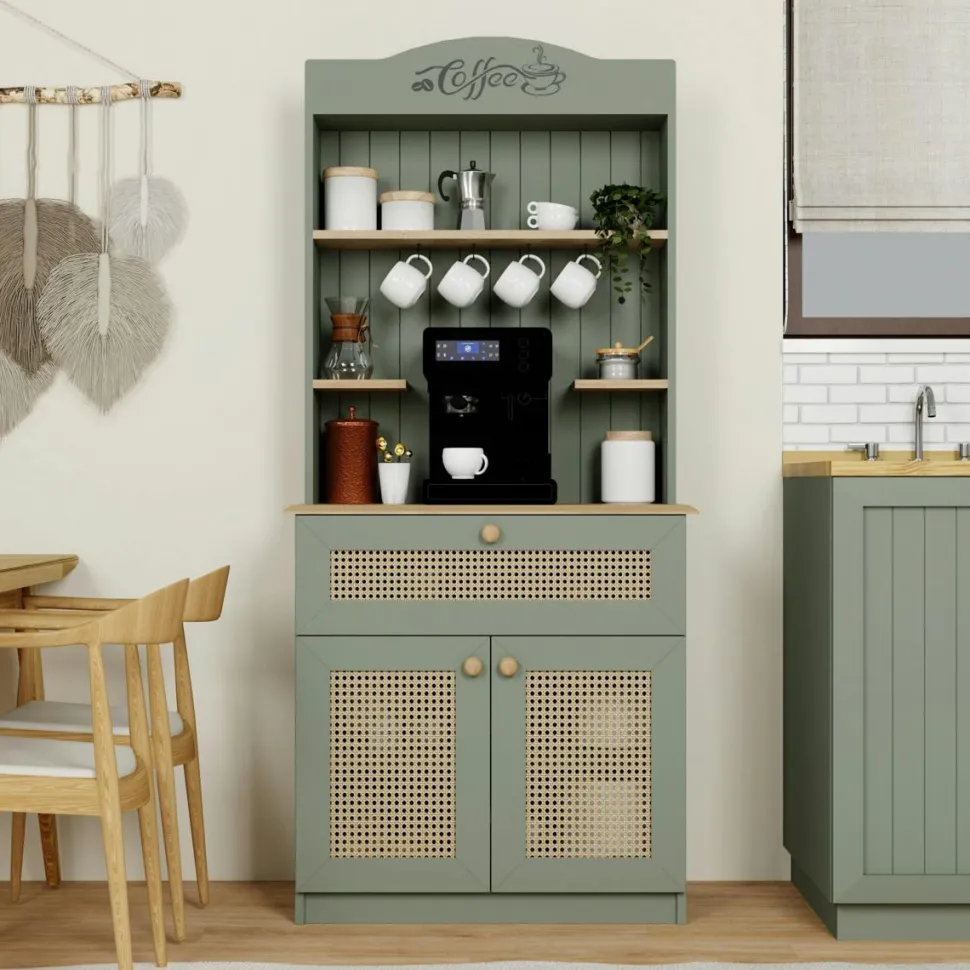 Vaisselier cuisine blanc 2 portes, niche machine à café VAREN