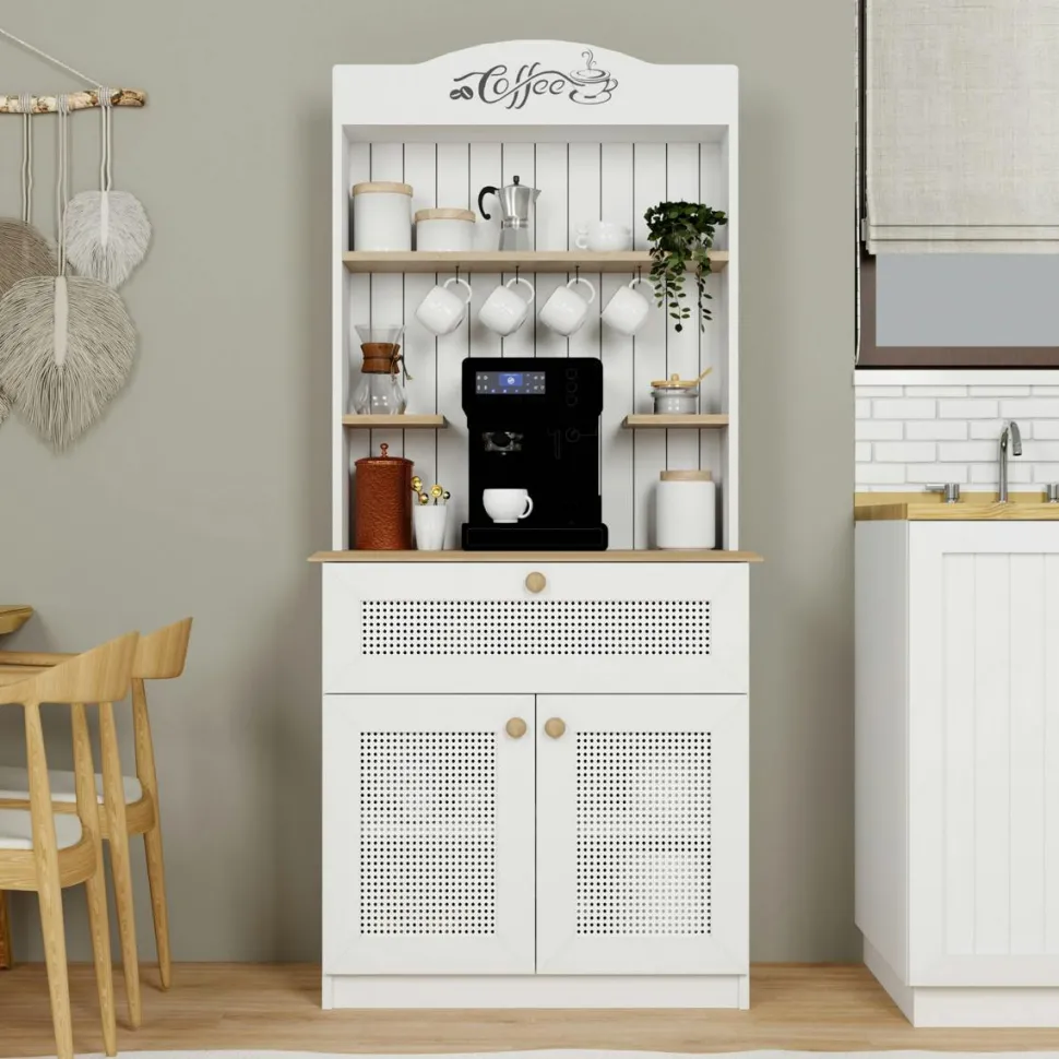 Vaisselier cuisine blanc 2 portes, niche machine à café VAREN